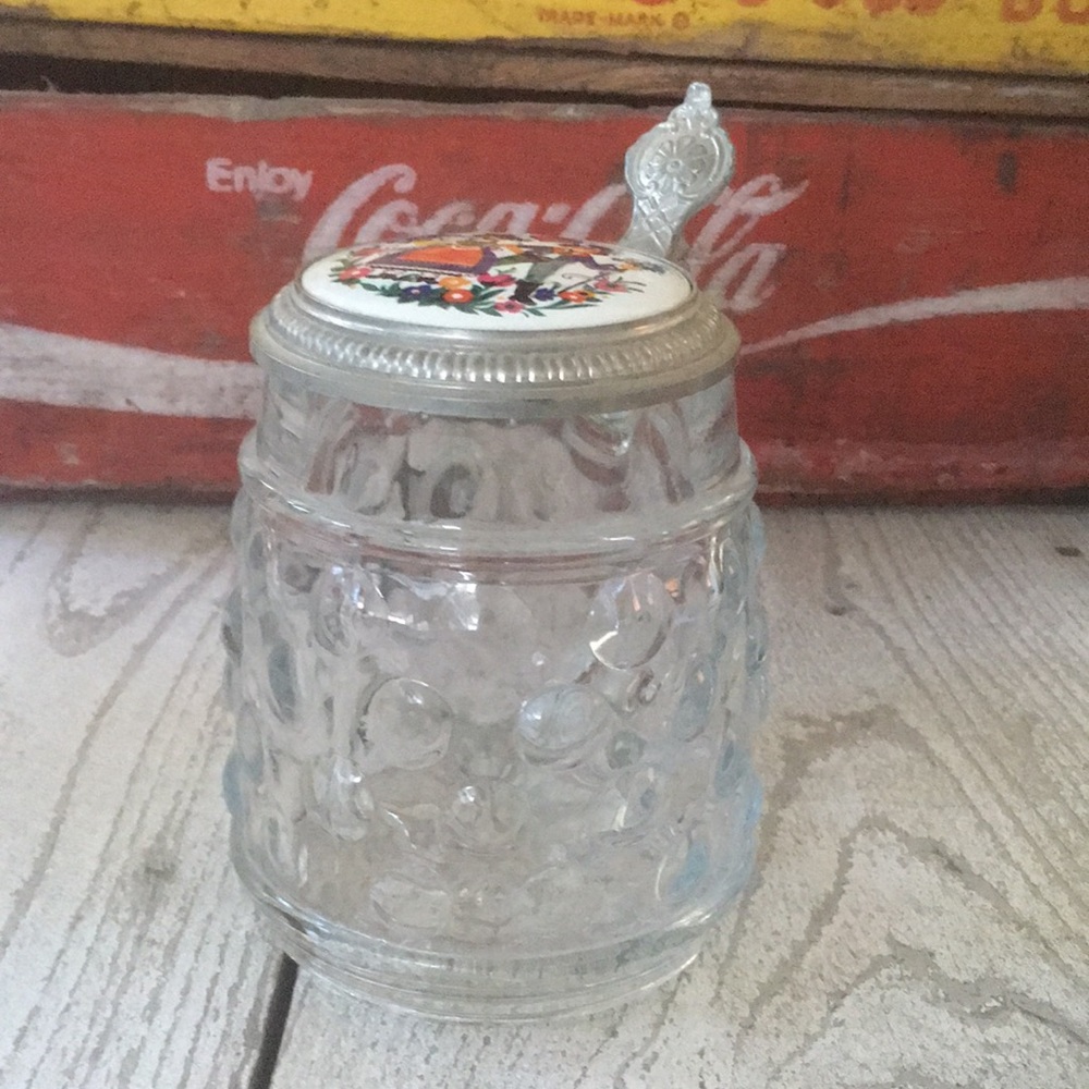 Vintage Original BMF Bierseidel Glass Beer Stein with Decorative Pewter Lid